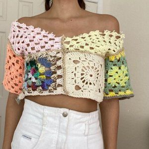 Vintage Crochet Crop Top Boho Hippie Patchwork